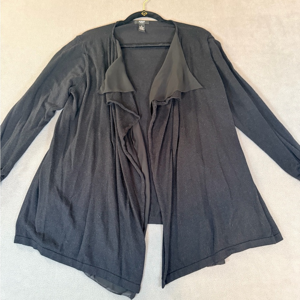 Alfani Women’s Black Open Front Cascading Layered Knit & Sheer Drape Cardigan-1X